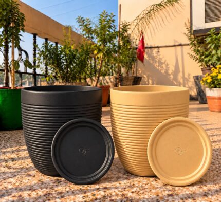 Harit Mantra 8 Inch Plastic Planters Set of 2 - Black, Beige & Marble Finish, Same or Mix Colours